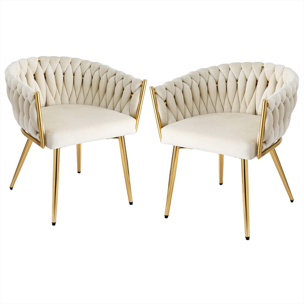 Elias (Set of 2) Woven Velvet Dining Chairs - Beige - Homecoze