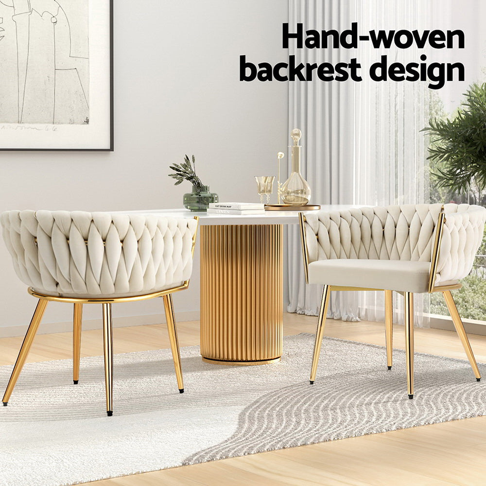 Elias (Set of 2) Woven Velvet Dining Chairs - Beige - Homecoze