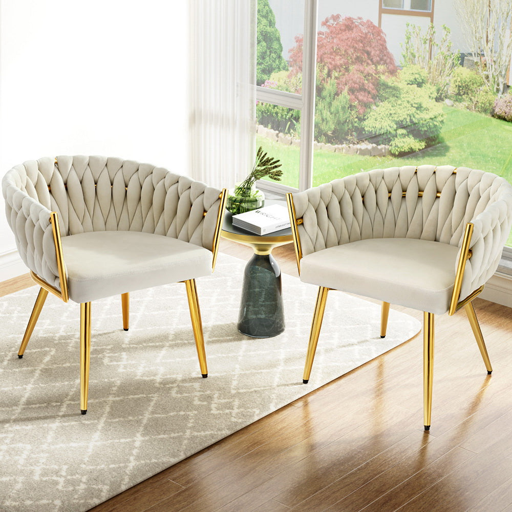 Elias (Set of 2) Woven Velvet Dining Chairs - Beige - Homecoze