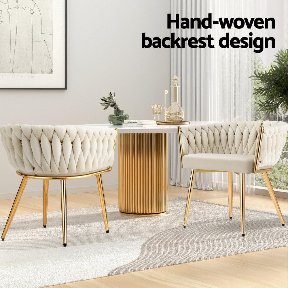 Elias (Set of 4) Woven Velvet Dining Chairs - Beige - Homecoze