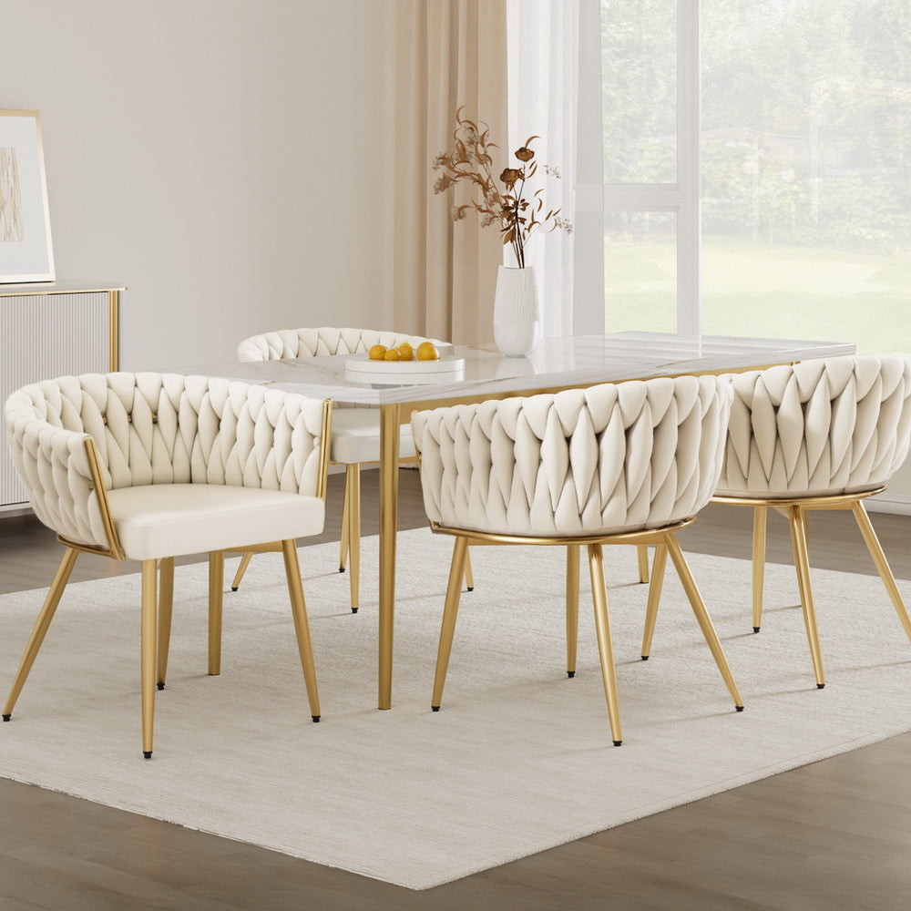 Elias (Set of 4) Woven Velvet Dining Chairs - Beige - Homecoze