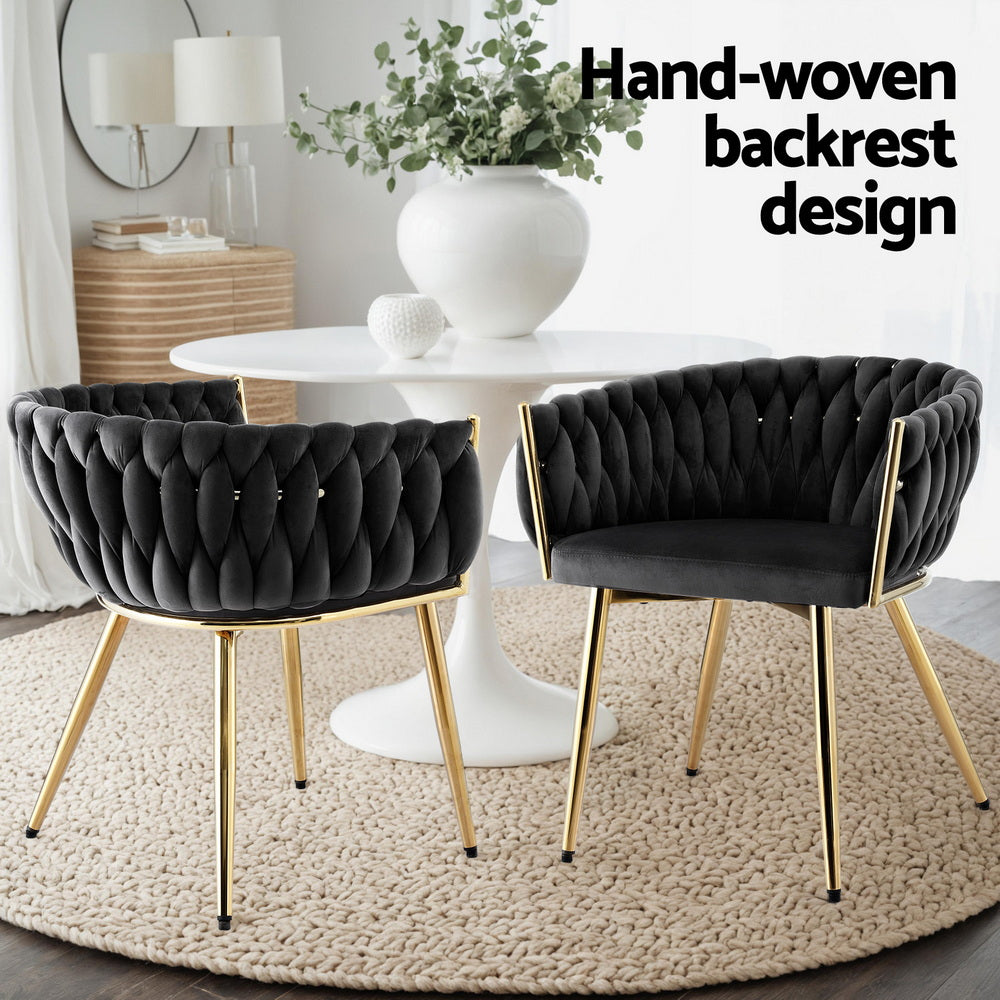 Elias (Set of 2) Woven Velvet Dining Chairs - Black - Homecoze