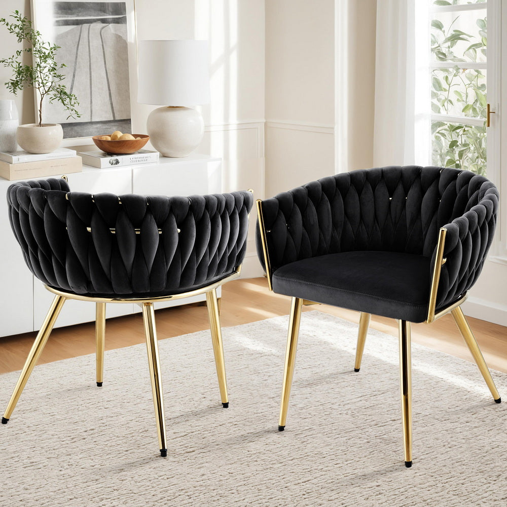 Elias (Set of 2) Woven Velvet Dining Chairs - Black - Homecoze