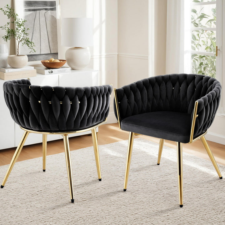 Elias (Set of 2) Woven Velvet Dining Chairs - Black - Homecoze