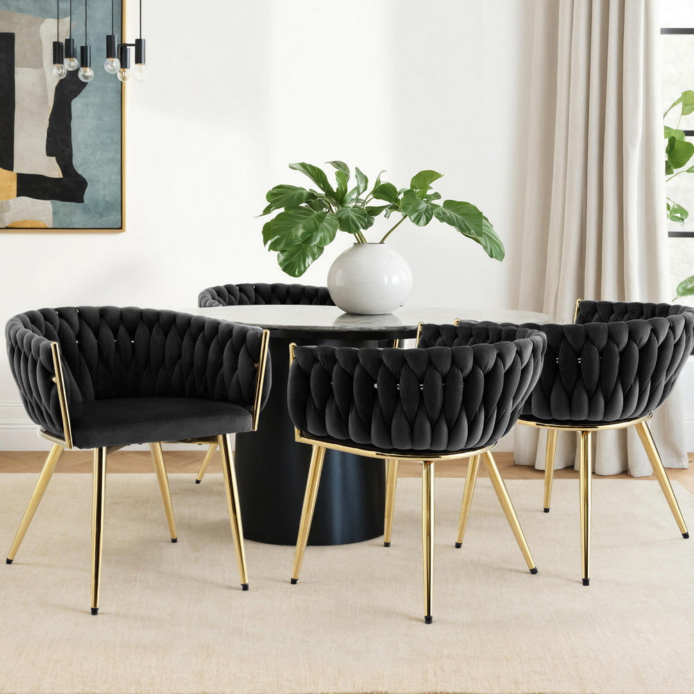 Elias (Set of 4) Woven Velvet Dining Chairs - Black - Homecoze