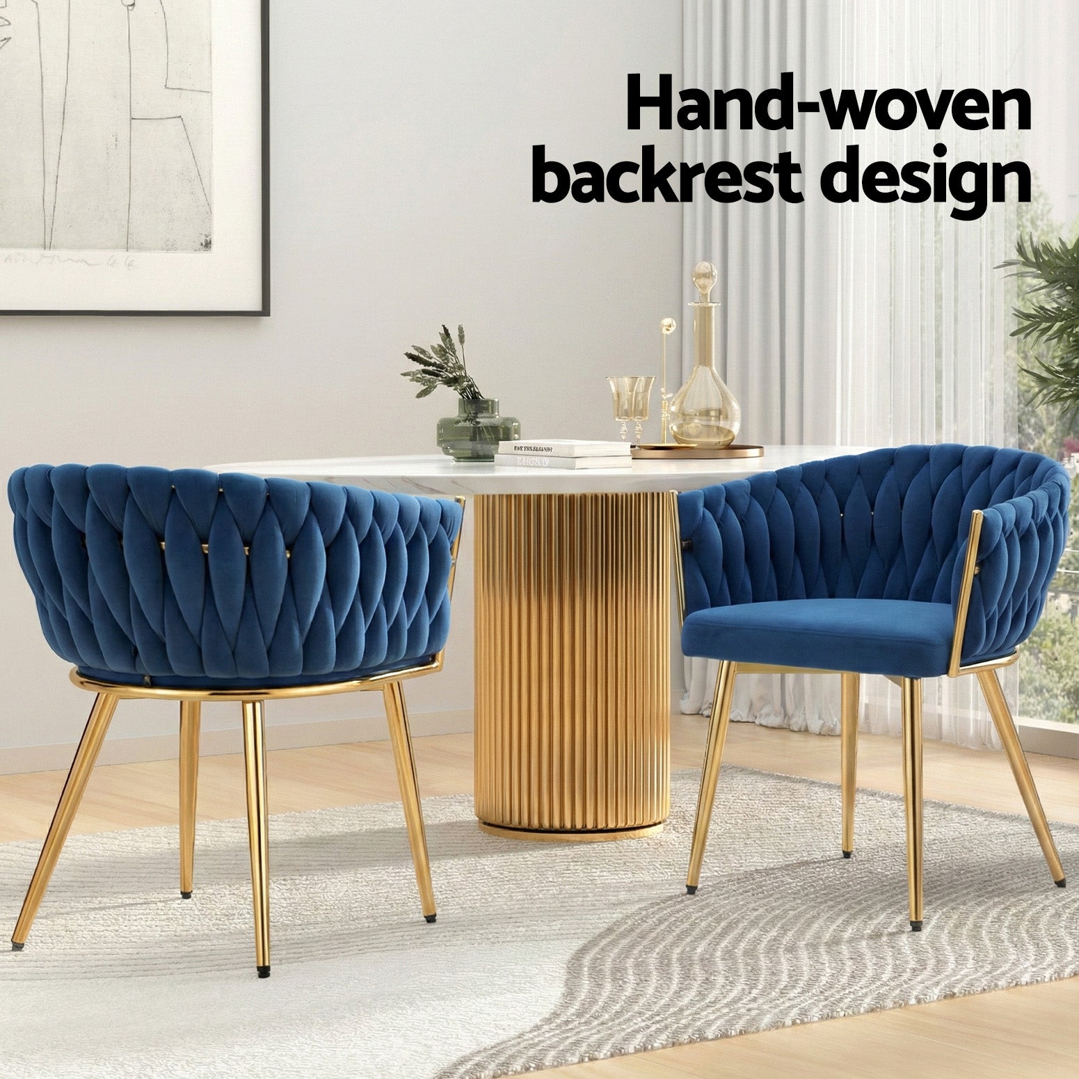 Elias (Set of 4) Woven Velvet Dining Chairs - Blue