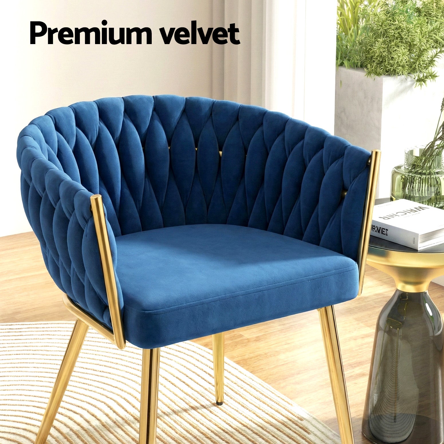 Elias (Set of 4) Woven Velvet Dining Chairs - Blue