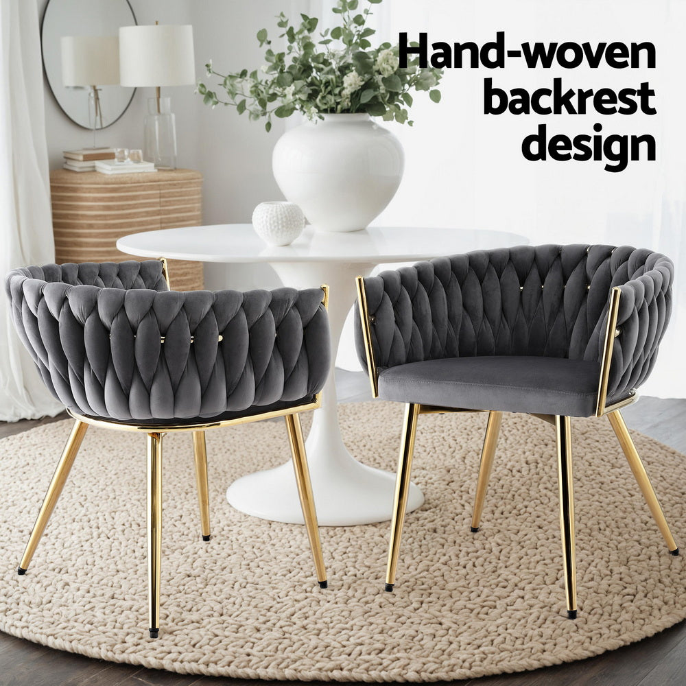 Elias (Set of 2) Woven Velvet Dining Chairs - Grey - Homecoze