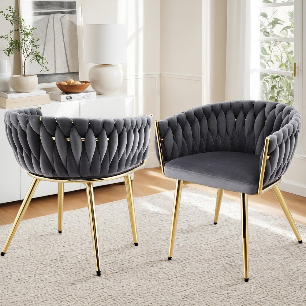 Elias (Set of 2) Woven Velvet Dining Chairs - Grey - Homecoze