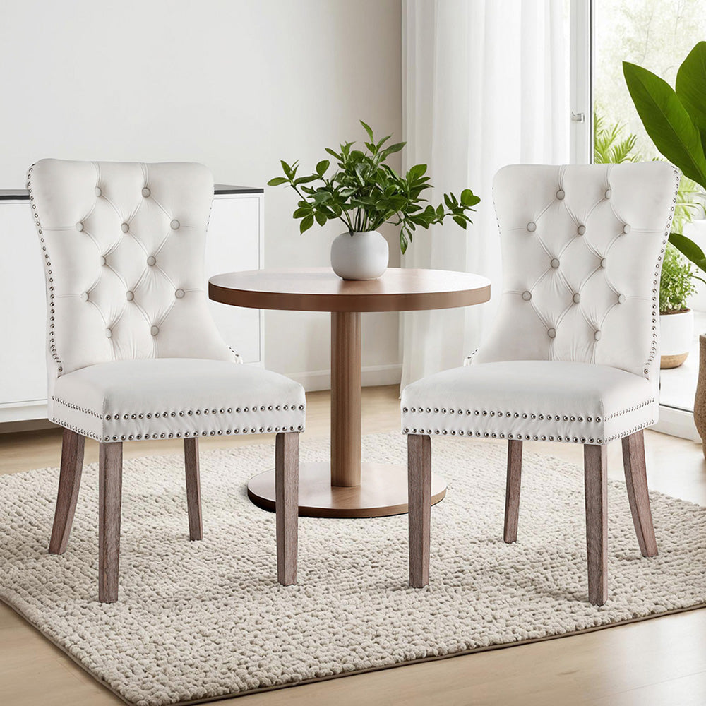 Set of 2 Tufted Velvet Dining Chairs - Beige - Homecoze