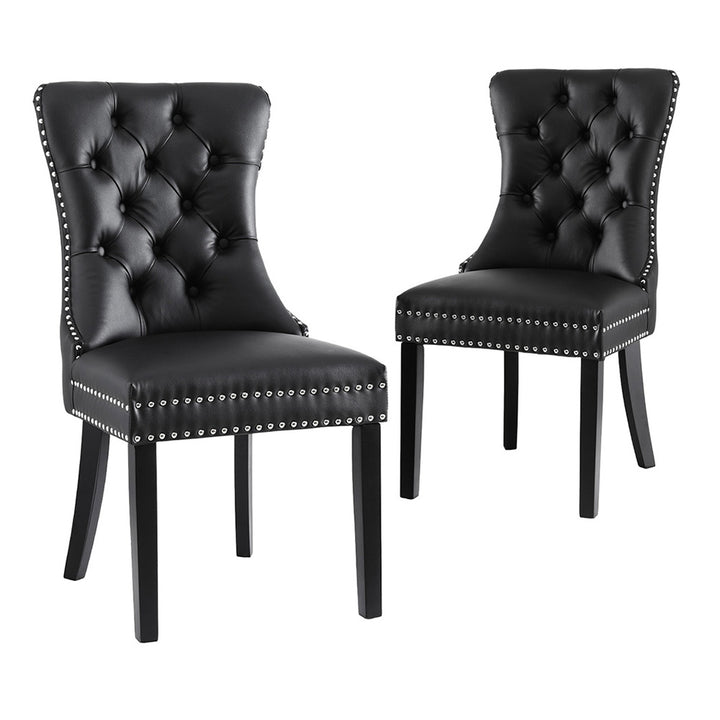 Set of 2 Tufted PU Leather Dining Chairs - Black - Homecoze