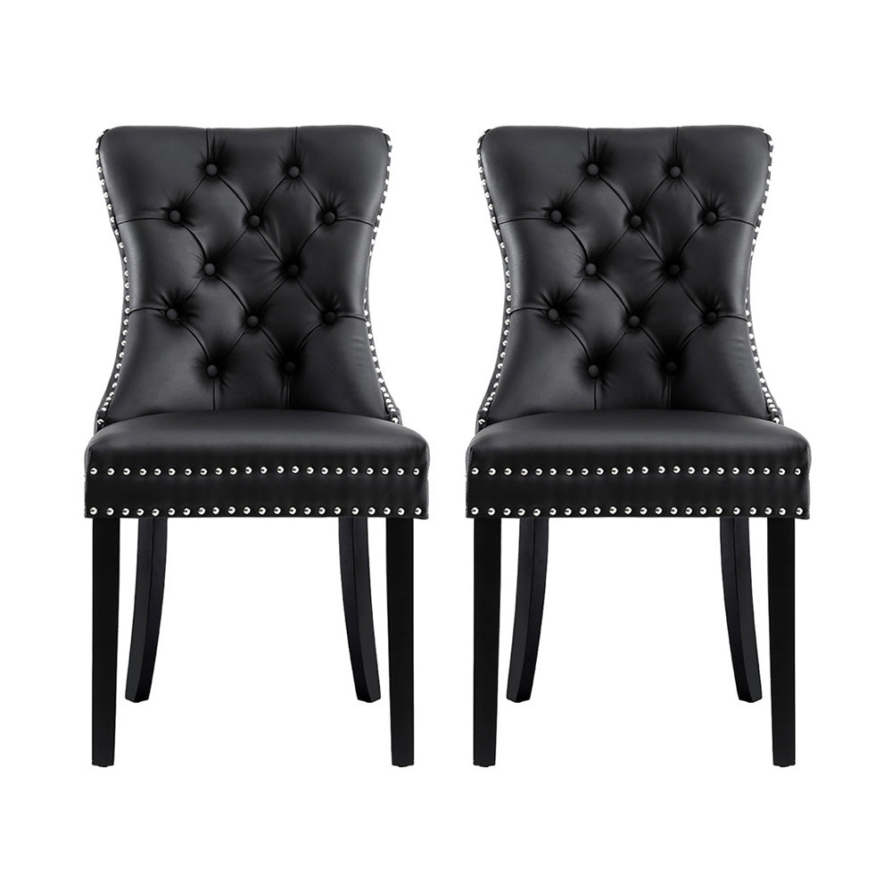 Set of 2 Tufted PU Leather Dining Chairs - Black - Homecoze