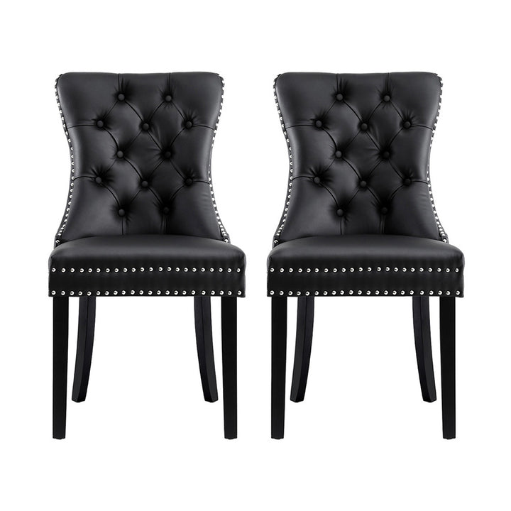Set of 2 Tufted PU Leather Dining Chairs - Black - Homecoze