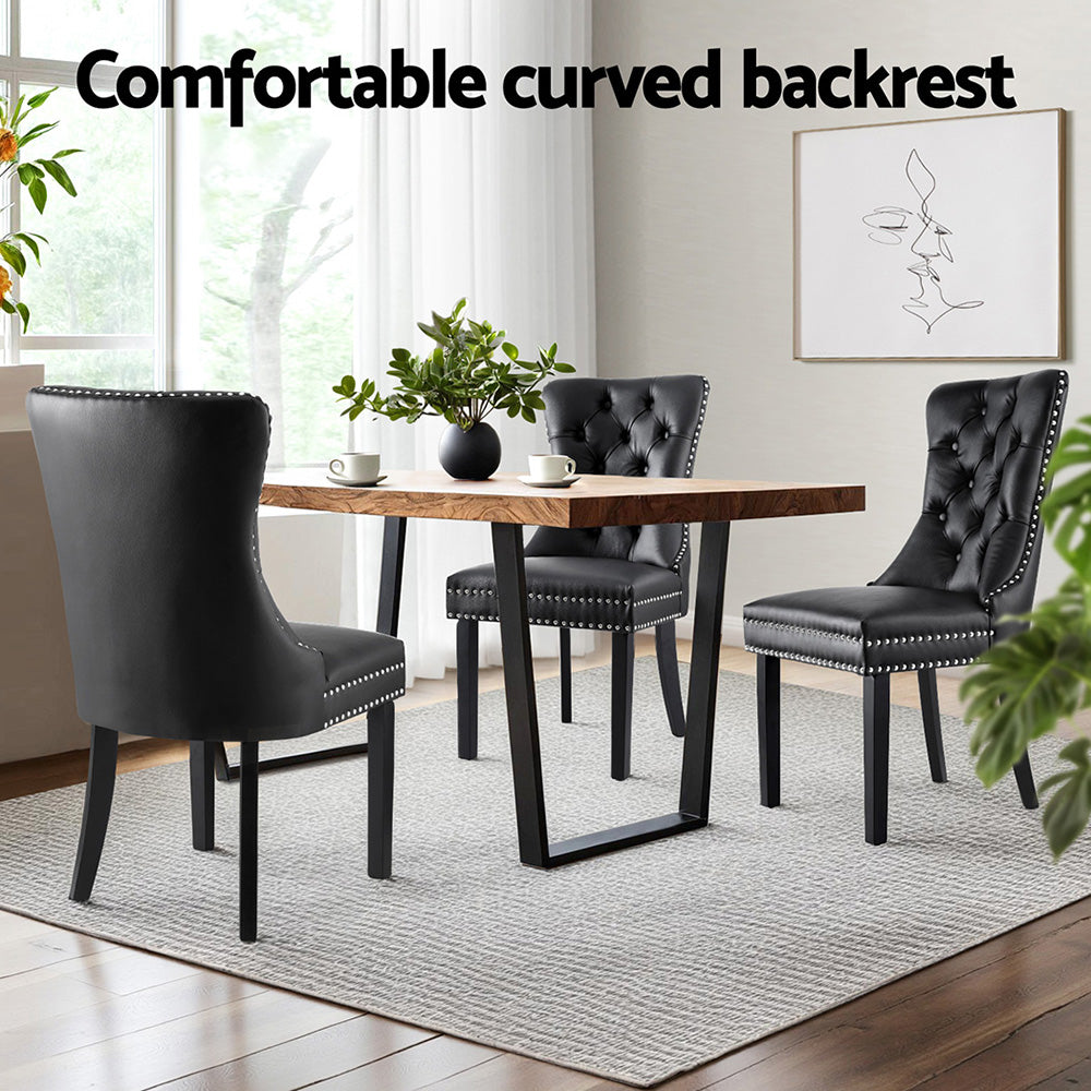 Set of 2 Tufted PU Leather Dining Chairs - Black - Homecoze