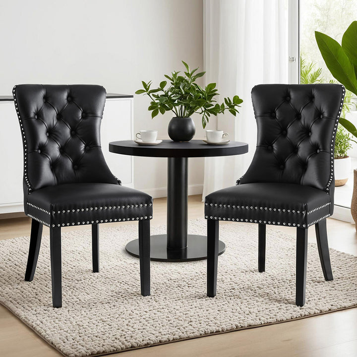 Set of 2 Tufted PU Leather Dining Chairs - Black - Homecoze