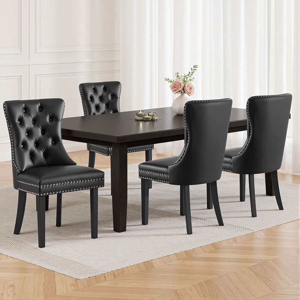Set of 4 Tufted PU Leather Dining Chairs - Black - Homecoze