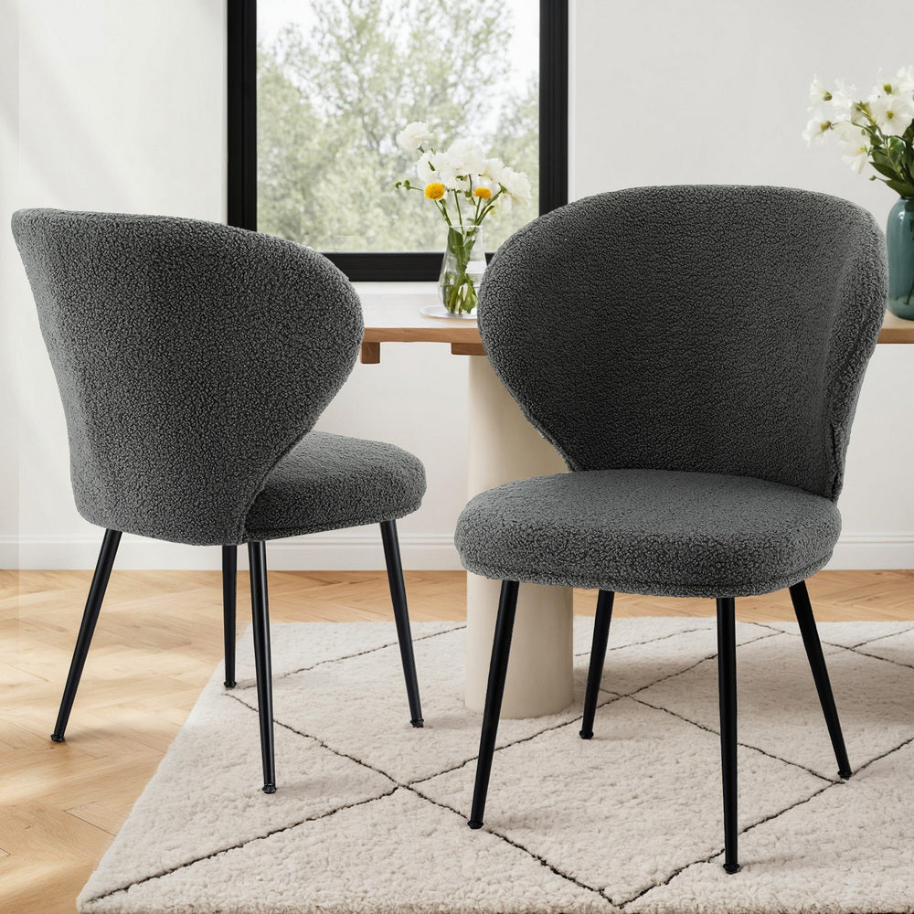 Artiss 2x Dining Chairs Sherpa Boucle Wing Back Grey - Homecoze