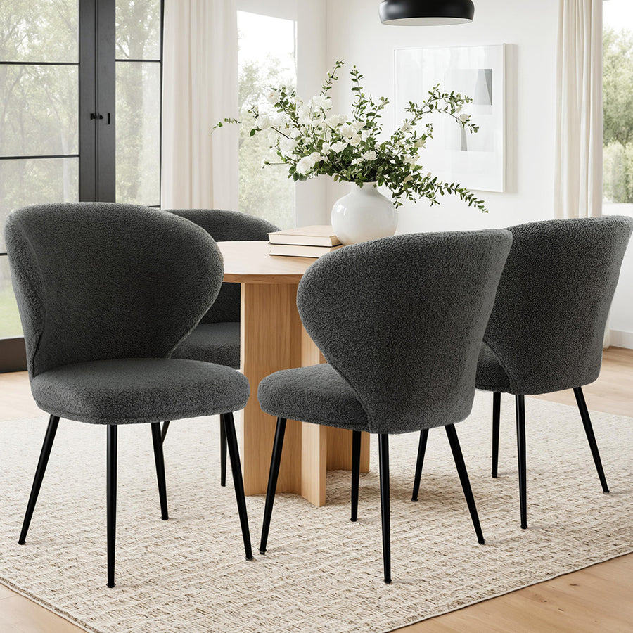Artiss 4x Dining Chairs Sherpa Boucle Wing Back Grey - Homecoze