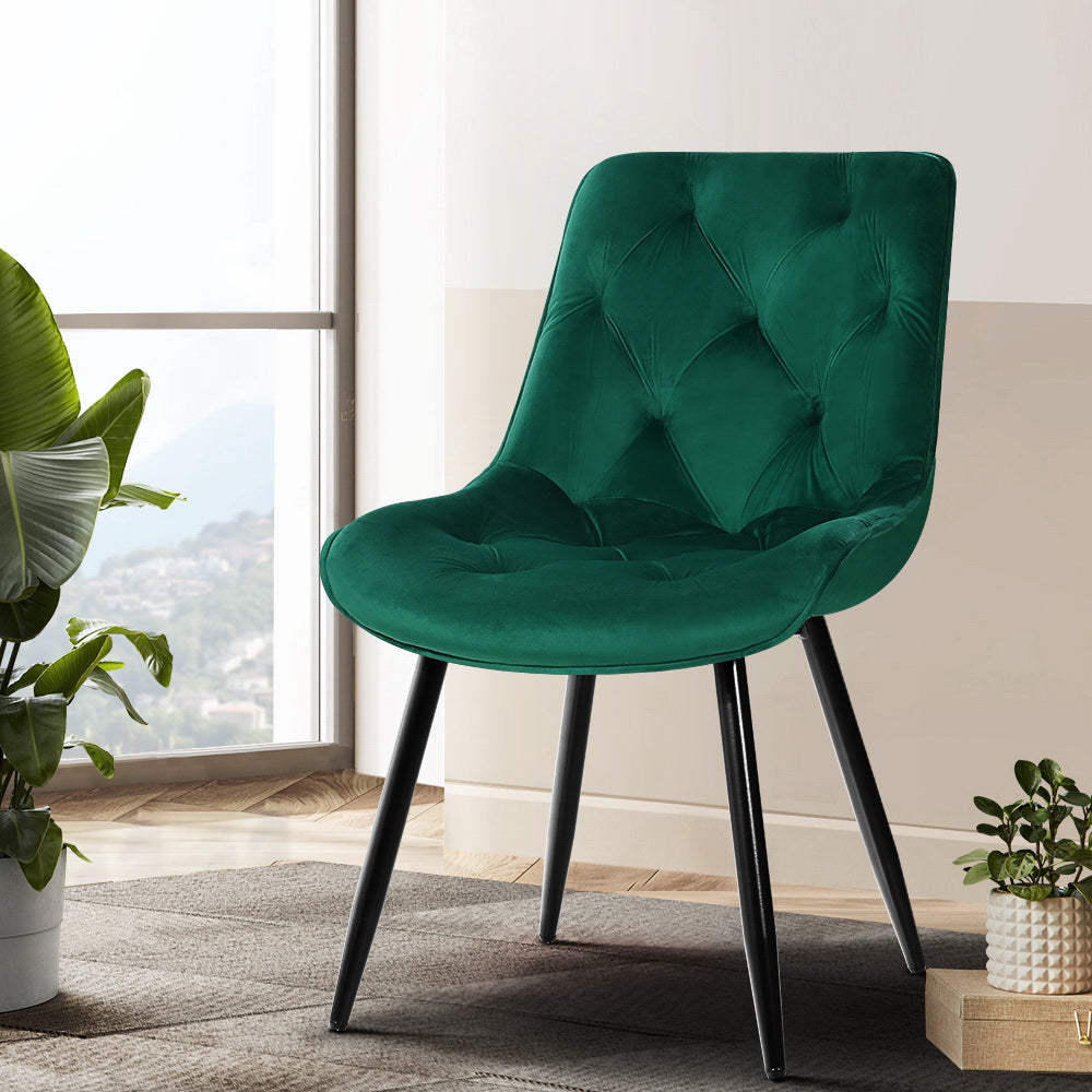 Set of 2 Plush Velvet Modern Feature Dining Chairs - Green - Homecoze