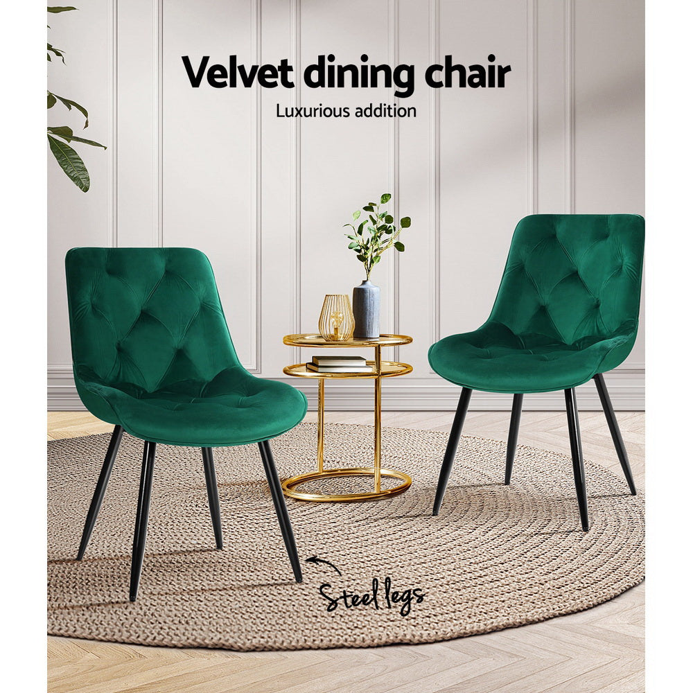 Set of 2 Plush Velvet Modern Feature Dining Chairs - Green - Homecoze