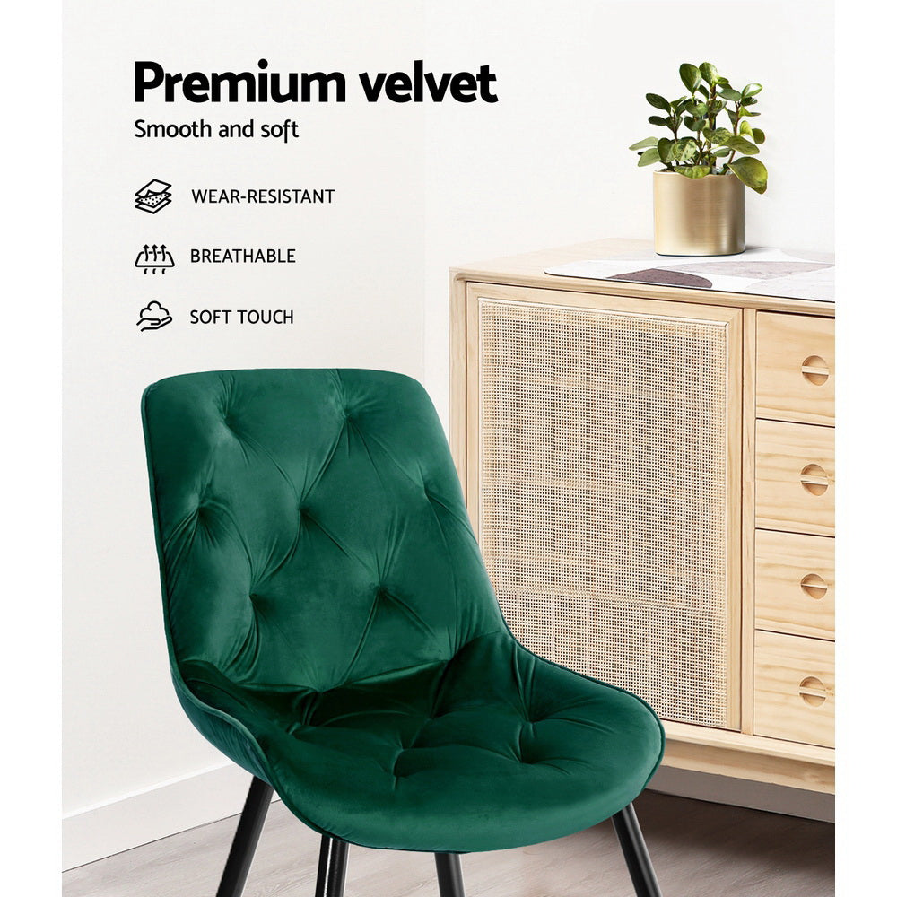 Set of 2 Plush Velvet Modern Feature Dining Chairs - Green - Homecoze
