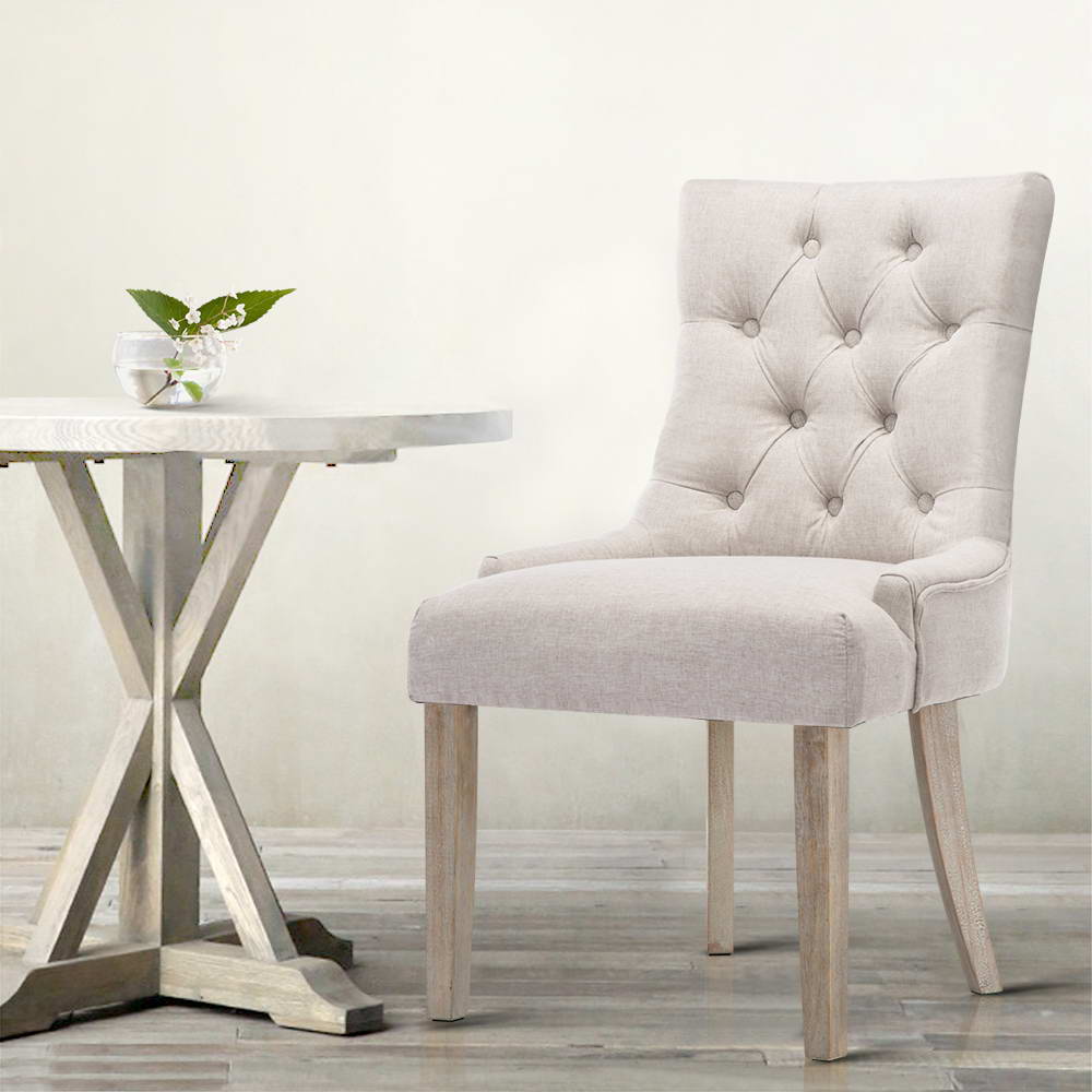 Set of 2 French Provincial Dining Chairs - Beige - Homecoze