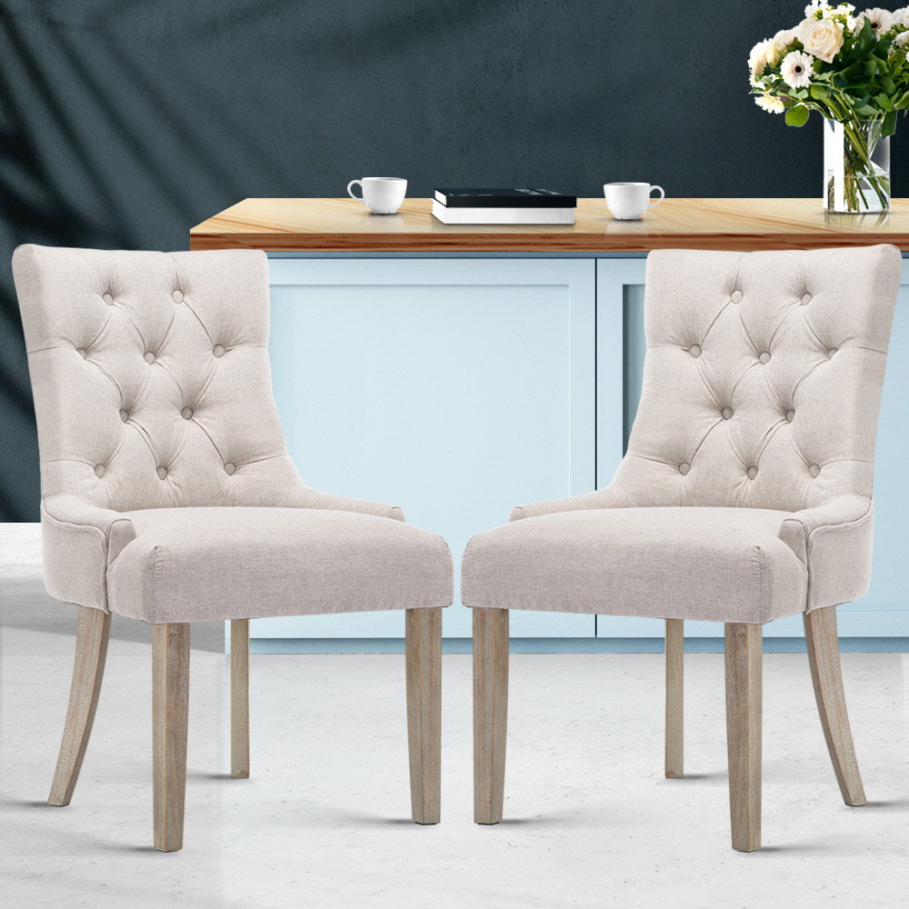 Set of 2 French Provincial Dining Chairs - Beige - Homecoze