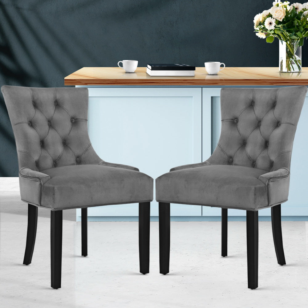 Set of 2 Velvet French Provincial Dining Chairs - Grey - Homecoze
