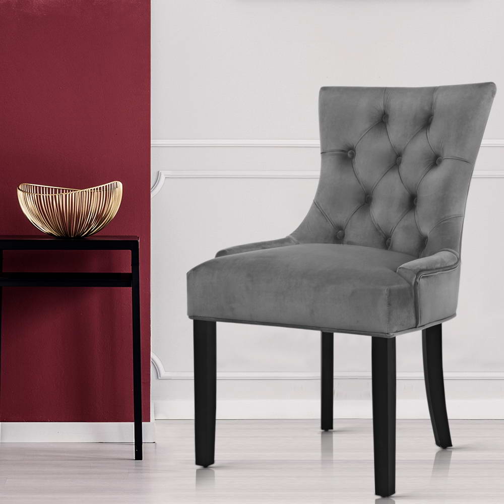 Set of 2 Velvet French Provincial Dining Chairs - Grey - Homecoze