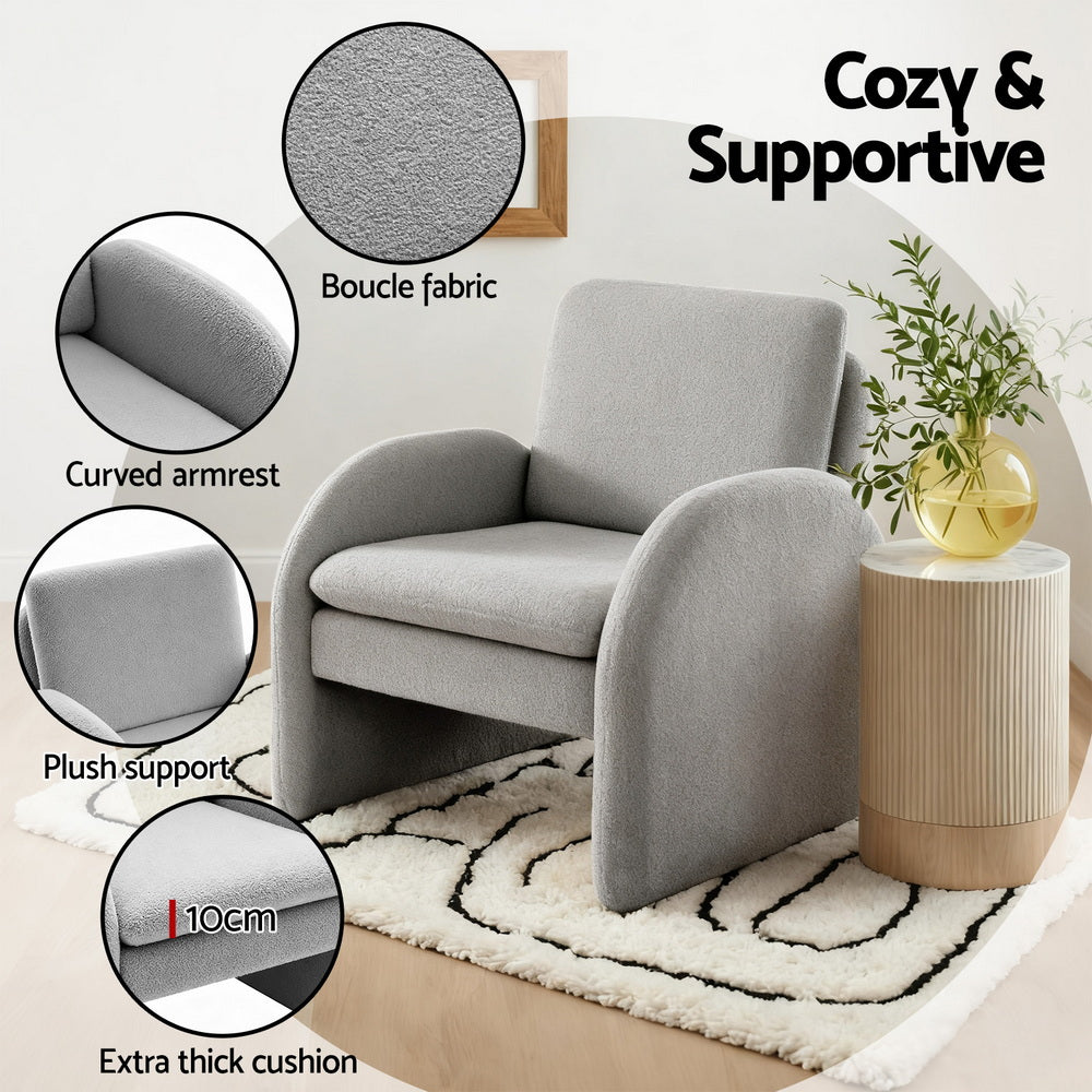 Artiss Armchair Accent Chair Lounge Tub Sofa Couch Curved Arm Seat Boucle Grey - Homecoze
