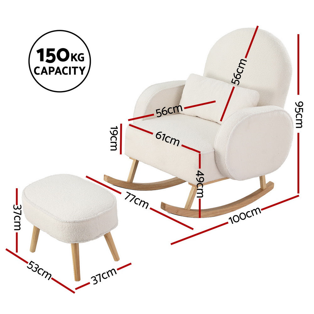Lowset Boucle Rocking Chair with Ottoman - White - Homecoze