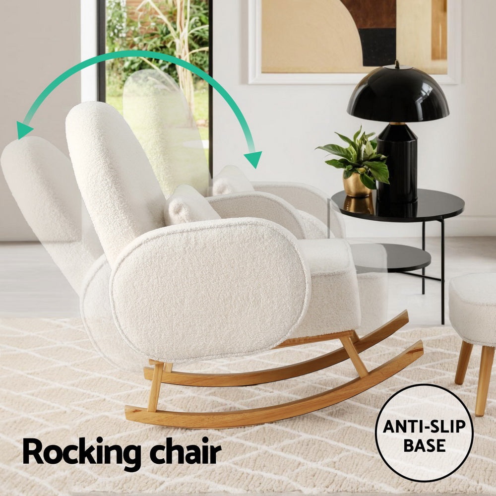 Lowset Boucle Rocking Chair with Ottoman - White - Homecoze