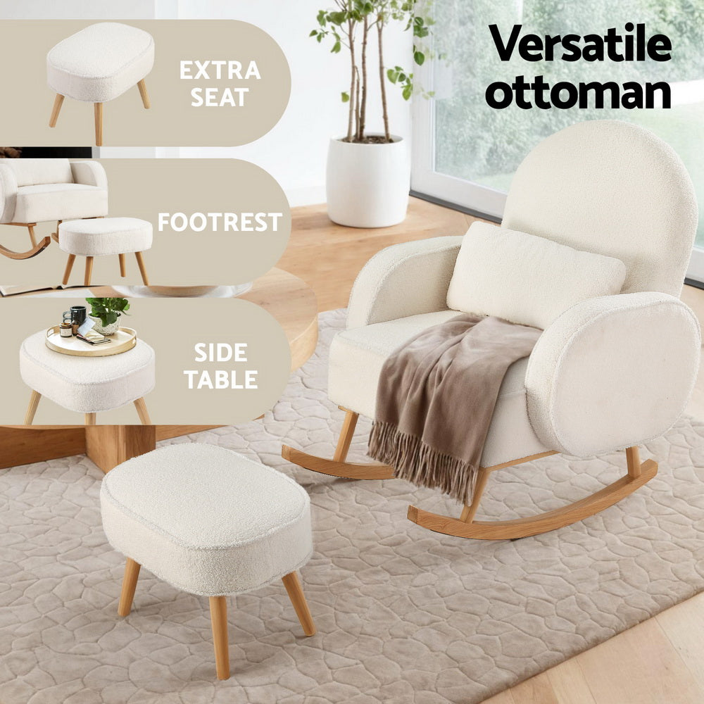 Lowset Boucle Rocking Chair with Ottoman - White - Homecoze