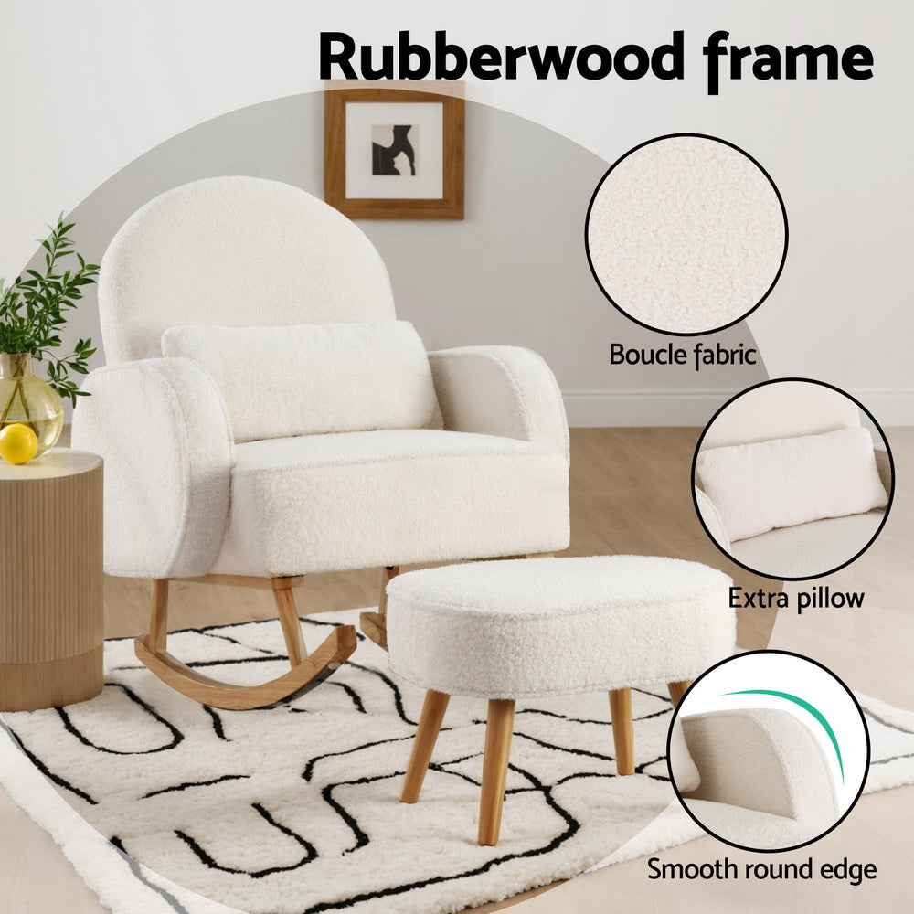 Lowset Boucle Rocking Chair with Ottoman - White - Homecoze