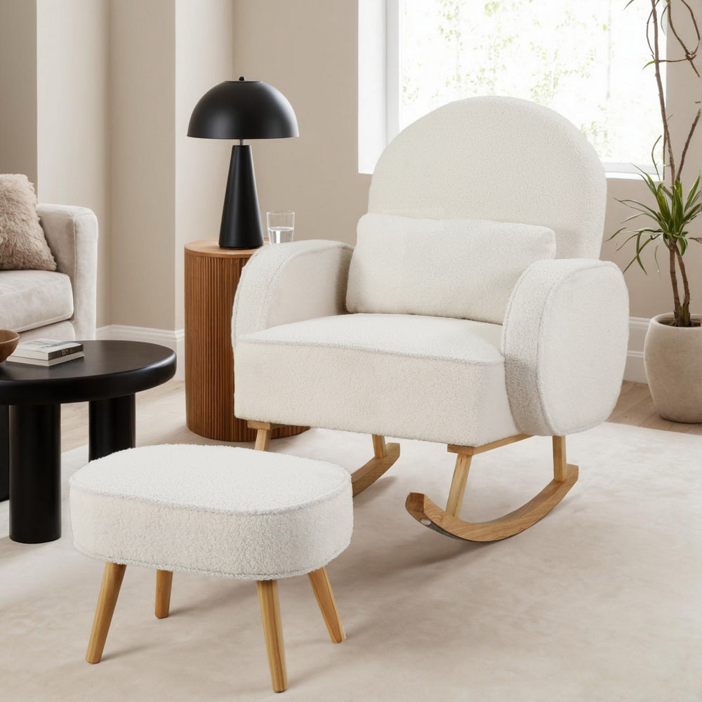 Lowset Boucle Rocking Chair with Ottoman - White - Homecoze