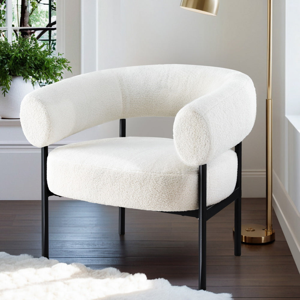 Curved Boucle Low-Back Armchair - White - Homecoze
