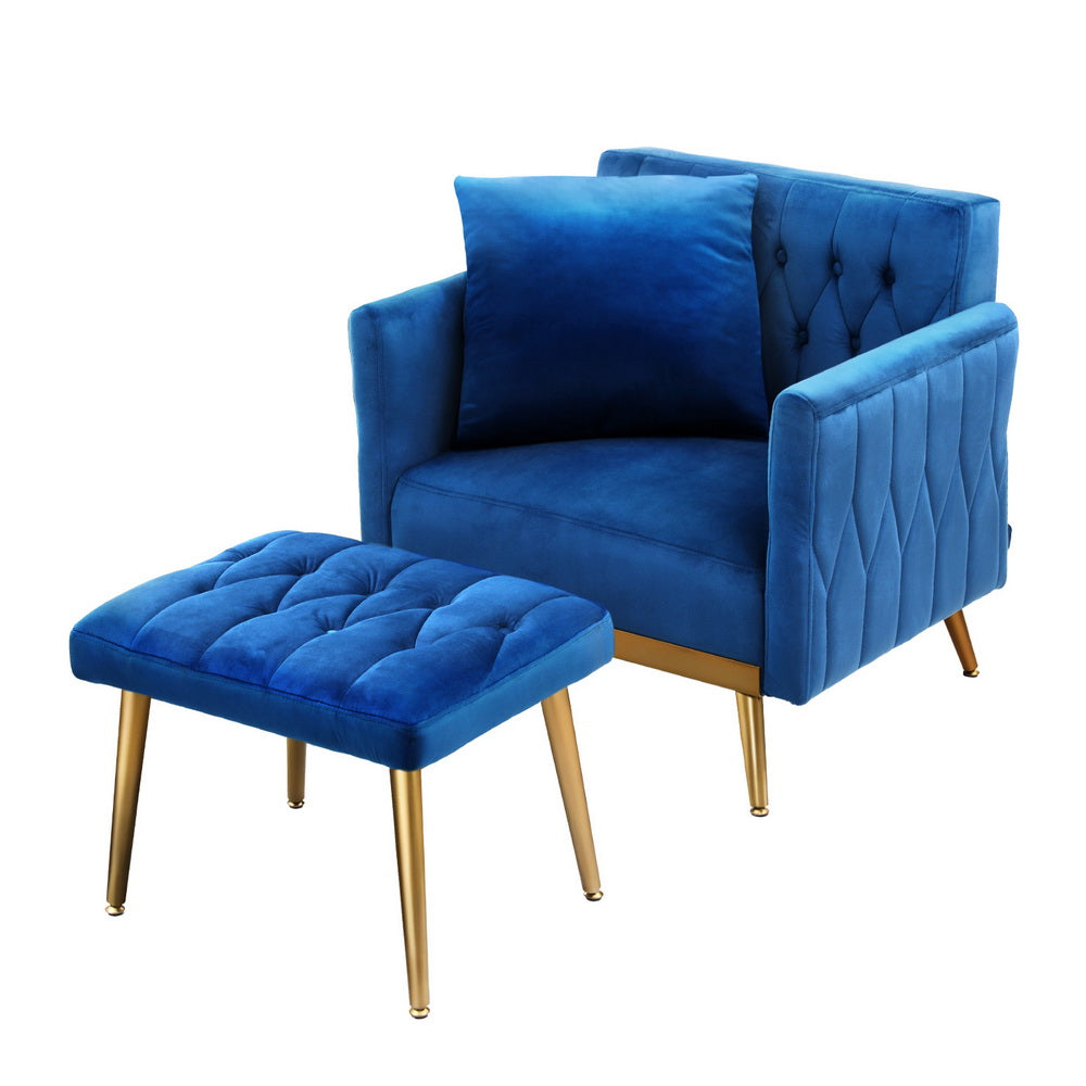 Low-set Velvet Accent Armchair with Stool -  Blue - Homecoze