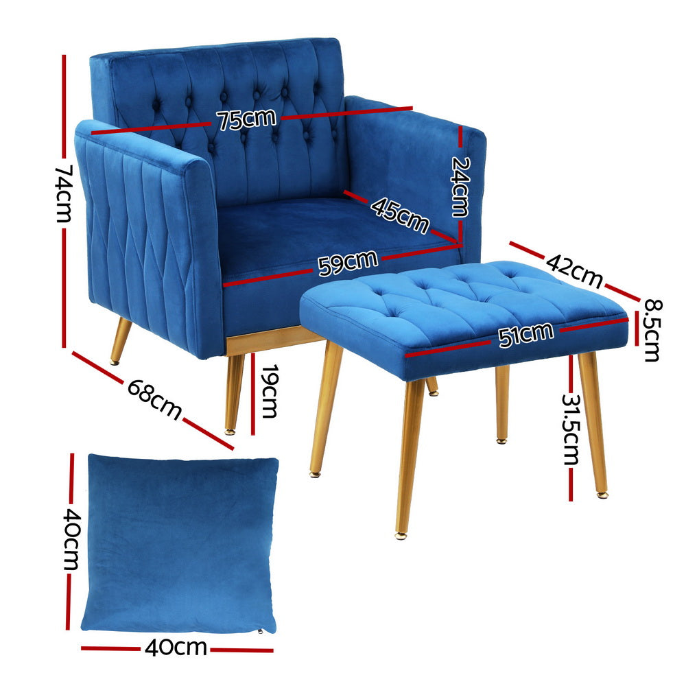 Low-set Velvet Accent Armchair with Stool -  Blue - Homecoze