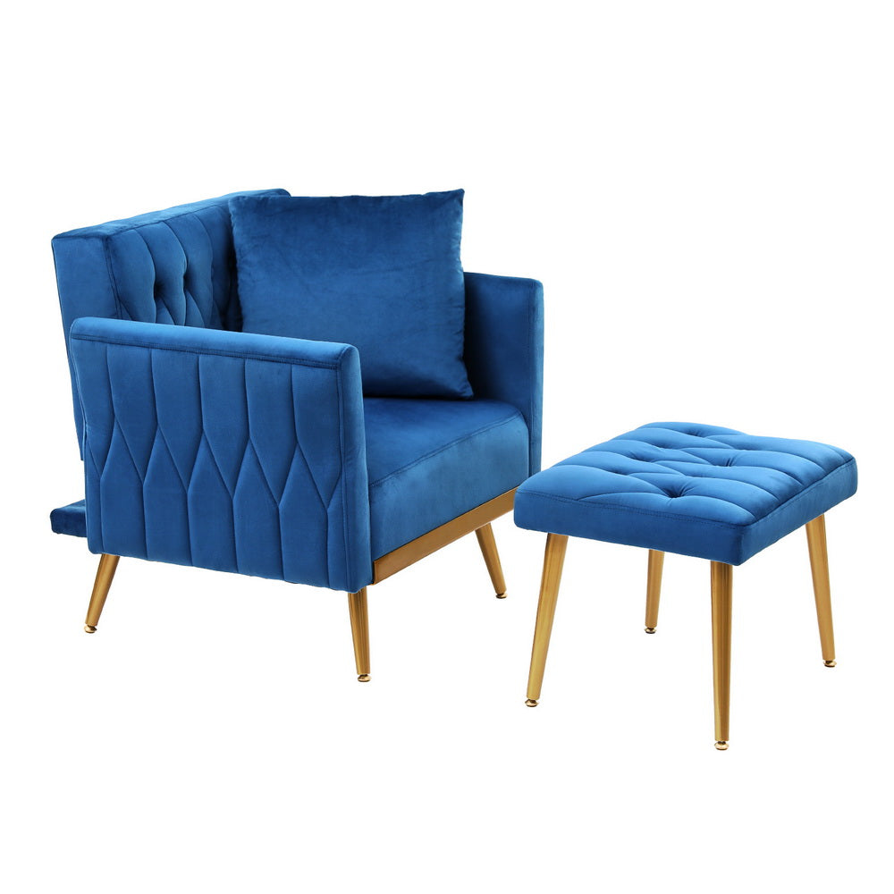Low-set Velvet Accent Armchair with Stool -  Blue - Homecoze
