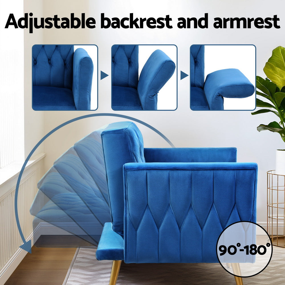 Low-set Velvet Accent Armchair with Stool -  Blue - Homecoze