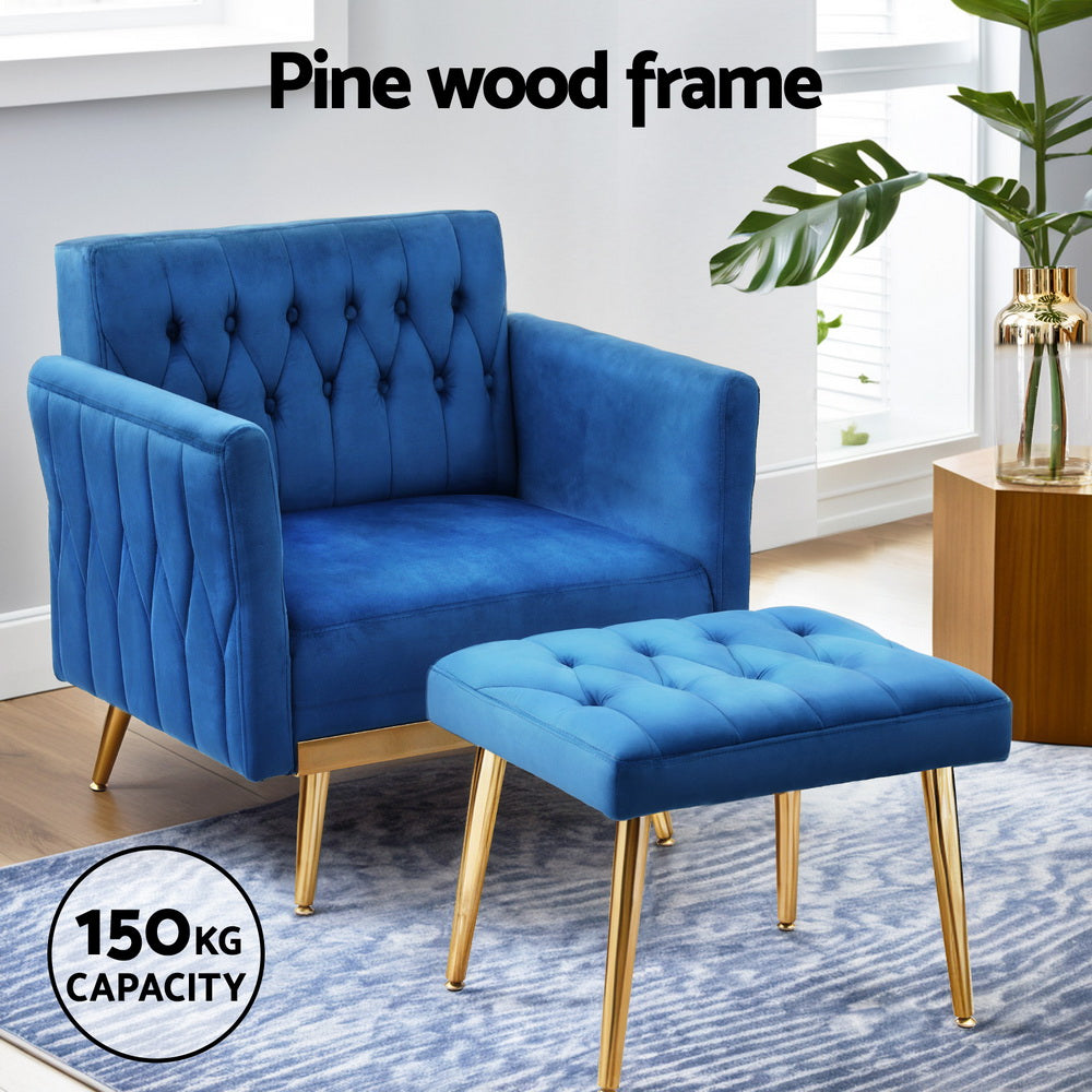 Low-set Velvet Accent Armchair with Stool -  Blue - Homecoze