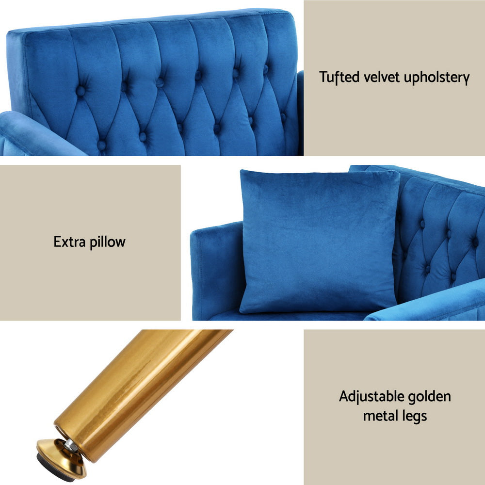 Low-set Velvet Accent Armchair with Stool -  Blue - Homecoze