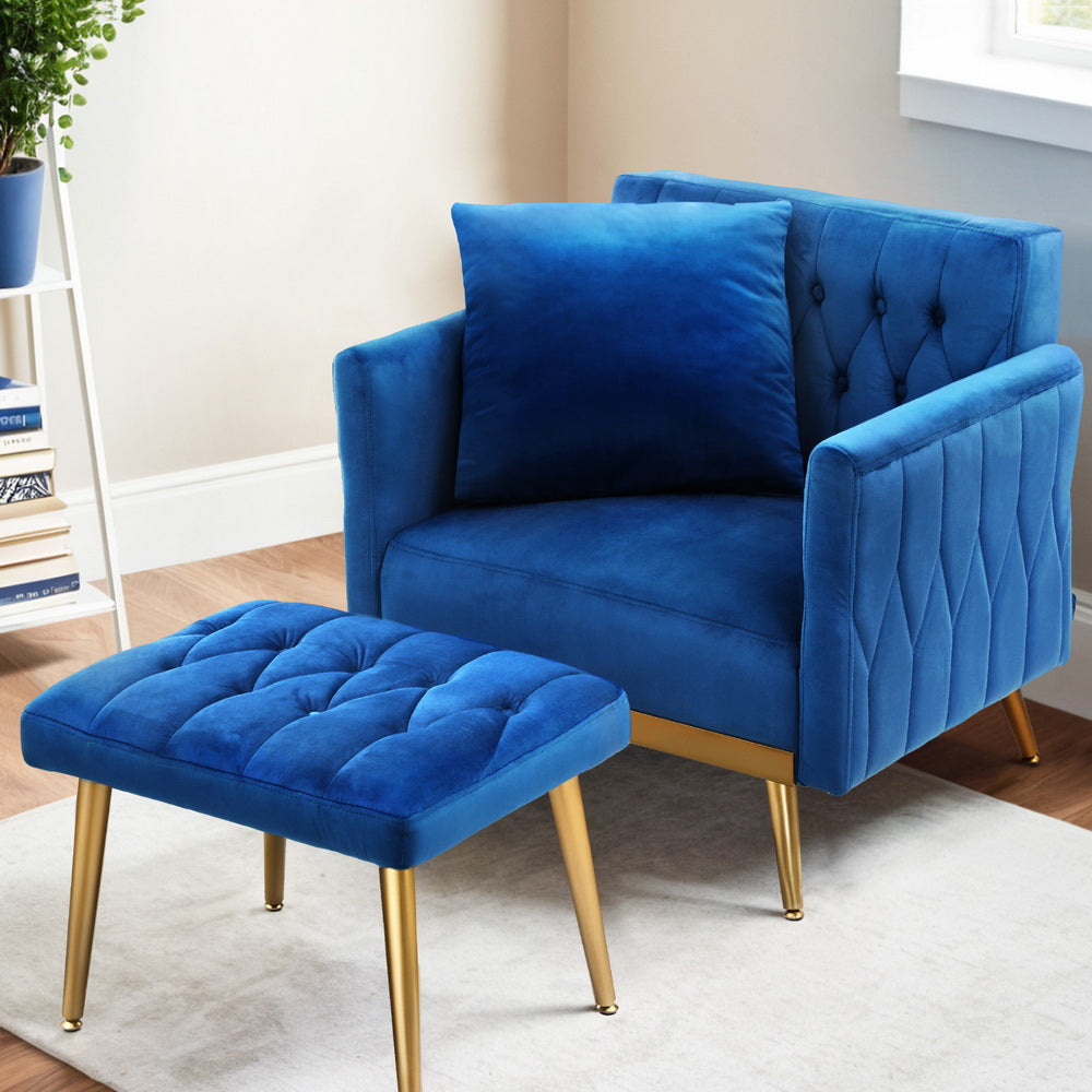Low-set Velvet Accent Armchair with Stool -  Blue - Homecoze