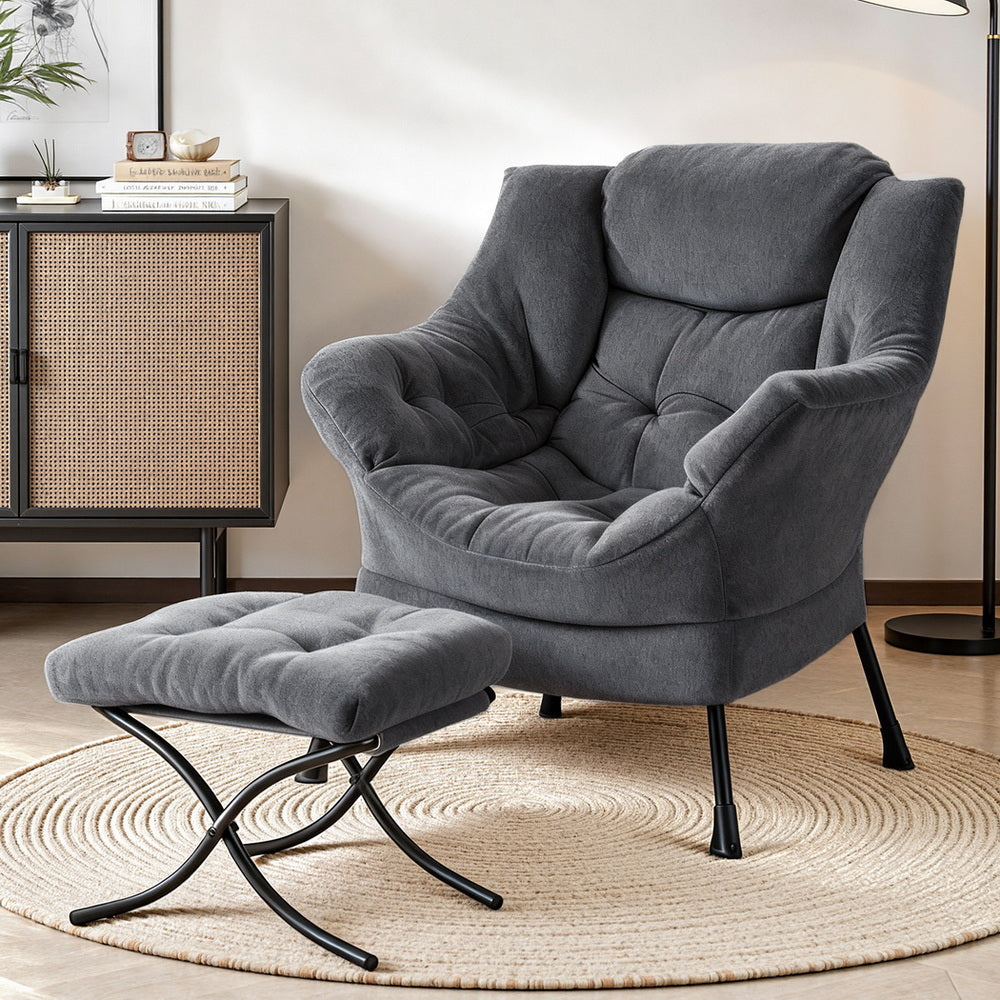 Amelia Velvet Armchair with Footrest - Grey