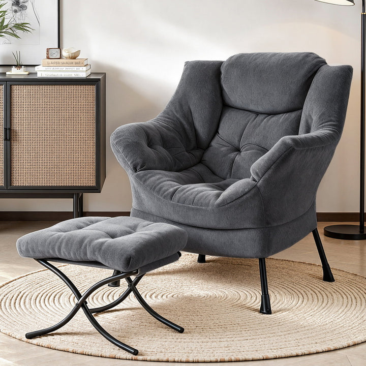 Amelia Velvet Armchair with Footrest - Grey