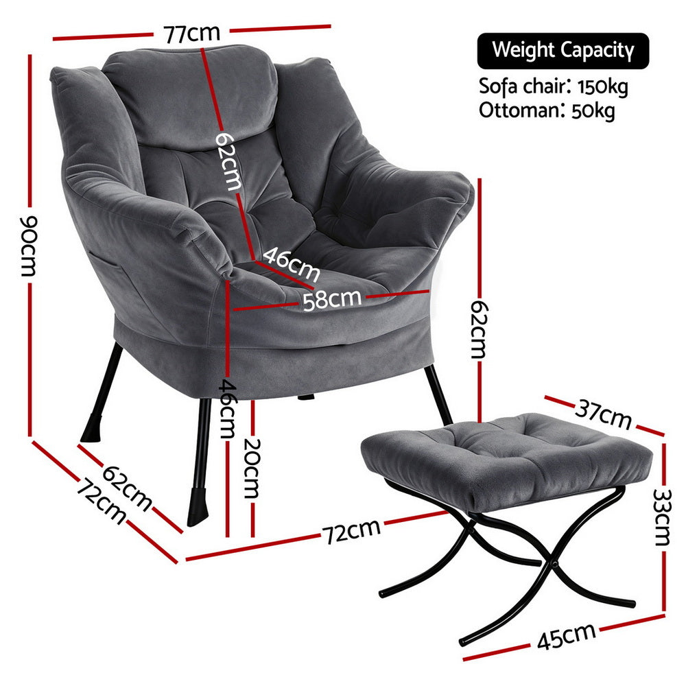 Amelia Velvet Armchair with Footrest - Grey - Homecoze