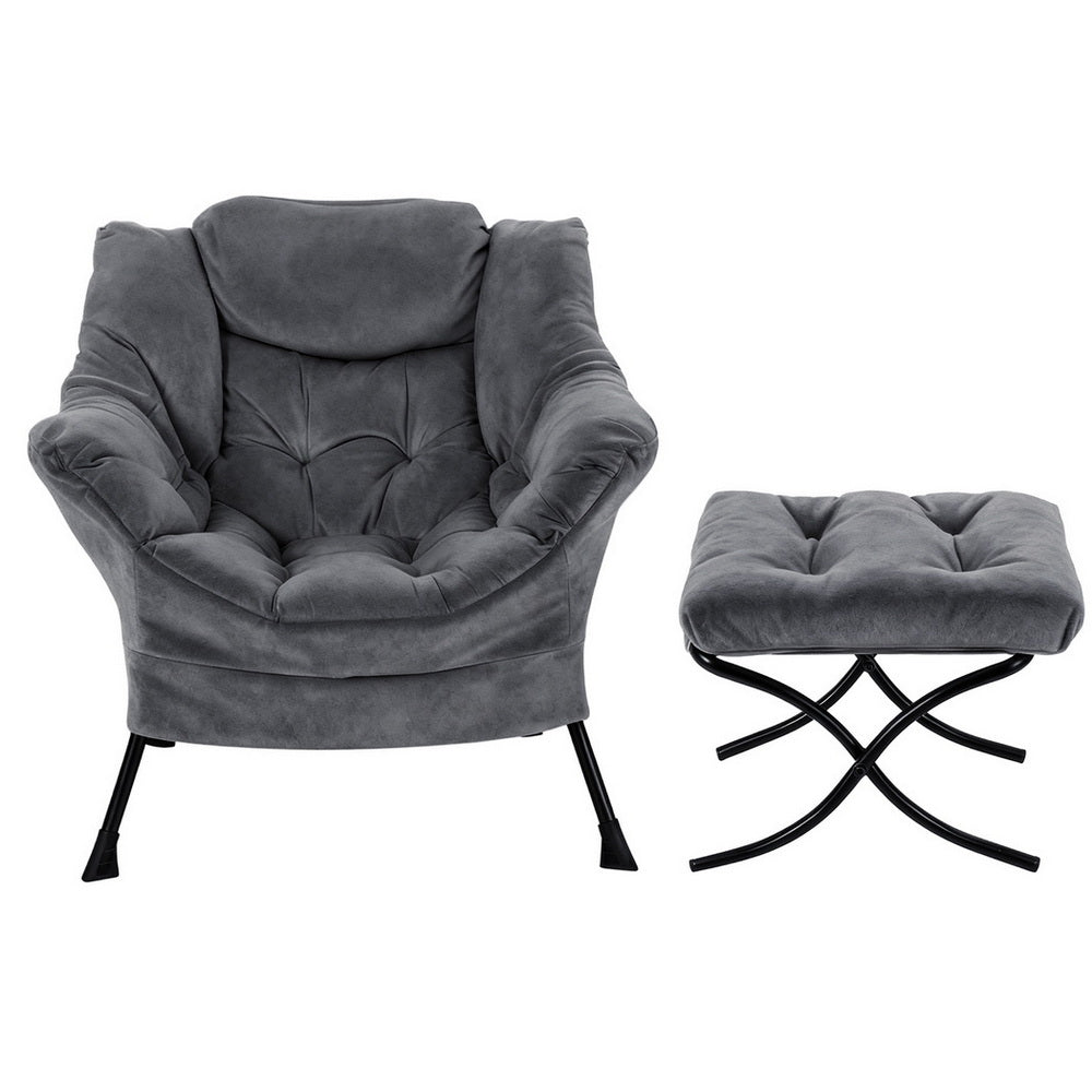 Amelia Velvet Armchair with Footrest - Grey
