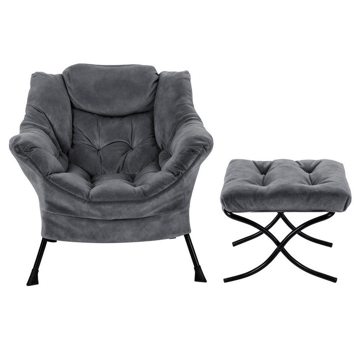 Amelia Velvet Armchair with Footrest - Grey