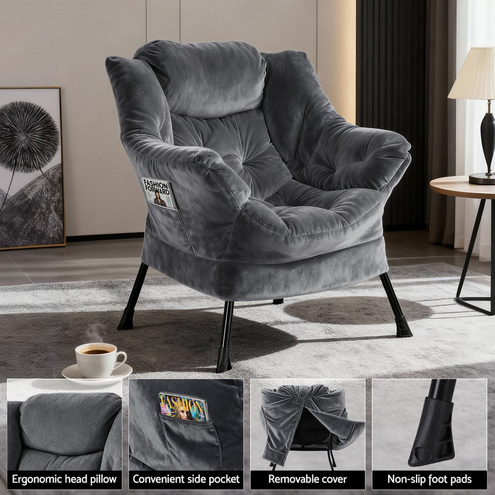 Amelia Velvet Armchair with Footrest - Grey