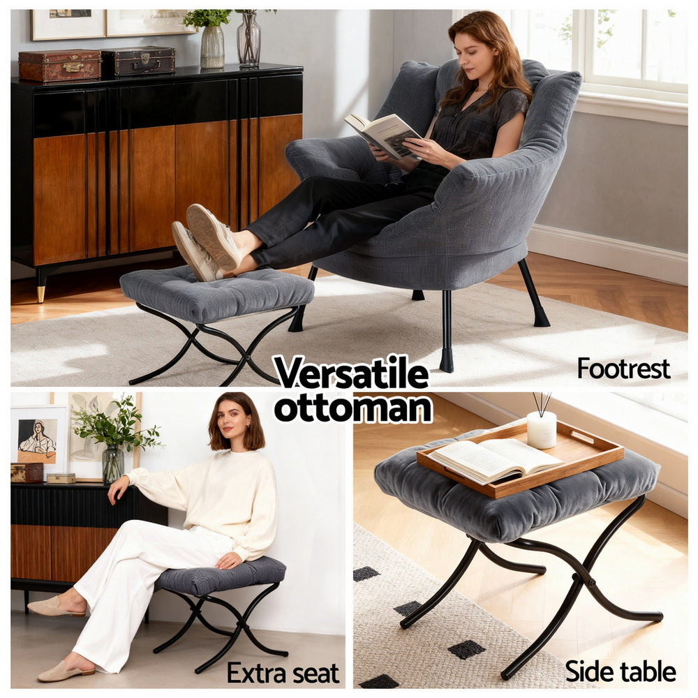 Amelia Velvet Armchair with Footrest - Grey - Homecoze